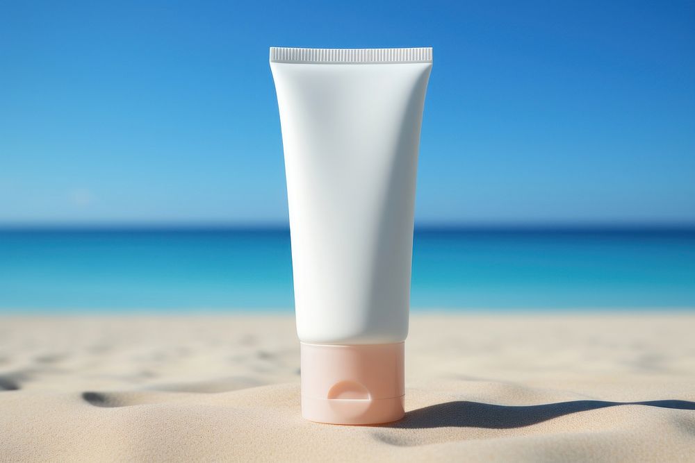 Cosmetics sunscreen sand sky. AI generated Image by rawpixel.