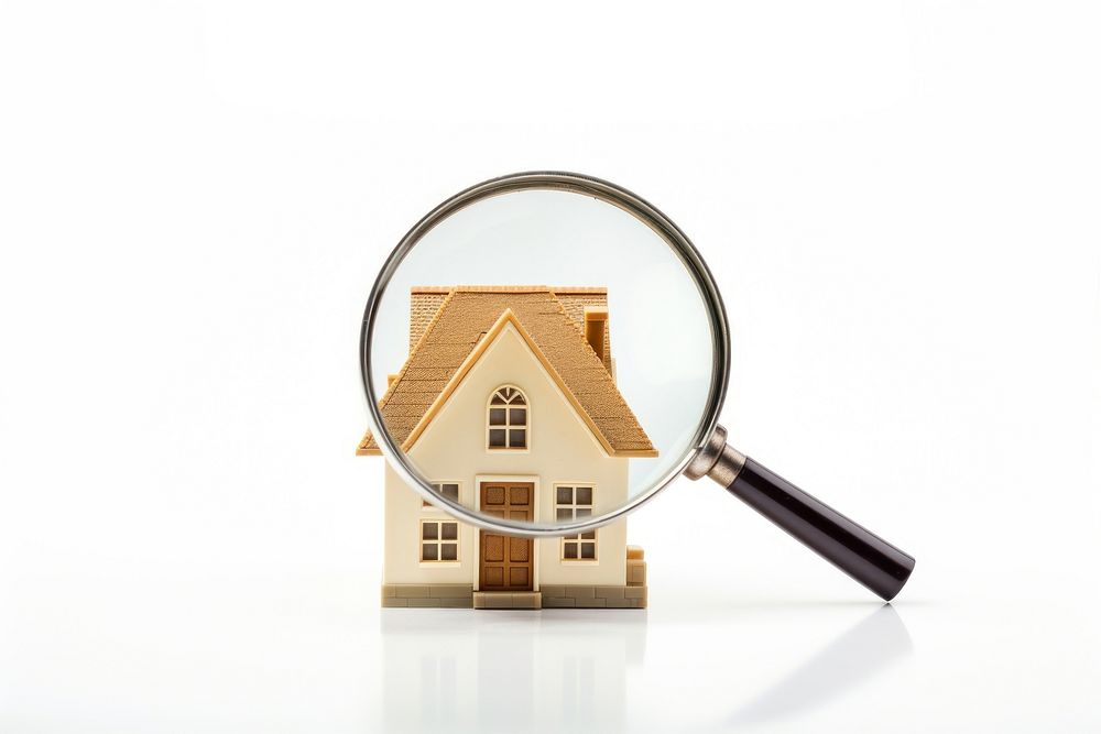 Magnifying house photo white background.