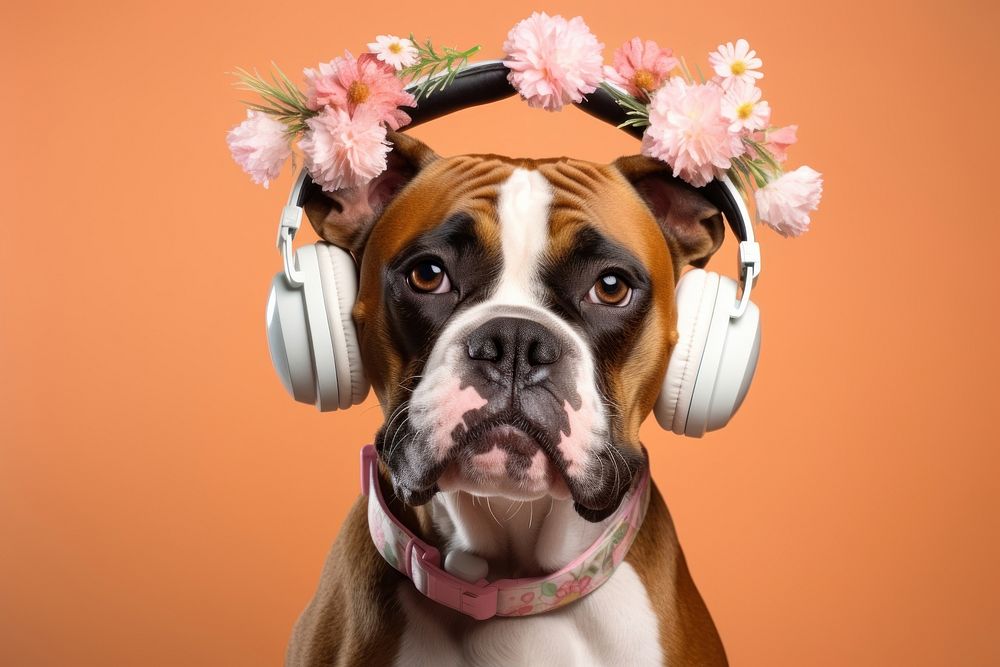 Headphones flower boxer dog. AI generated Image by rawpixel.