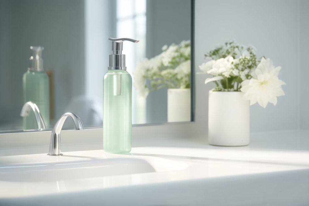 Bottle bathroom mirror flower. AI generated Image by rawpixel.