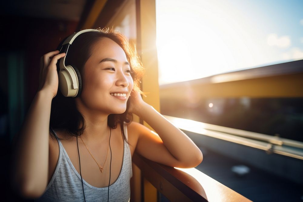 Woman wearing headphones. 