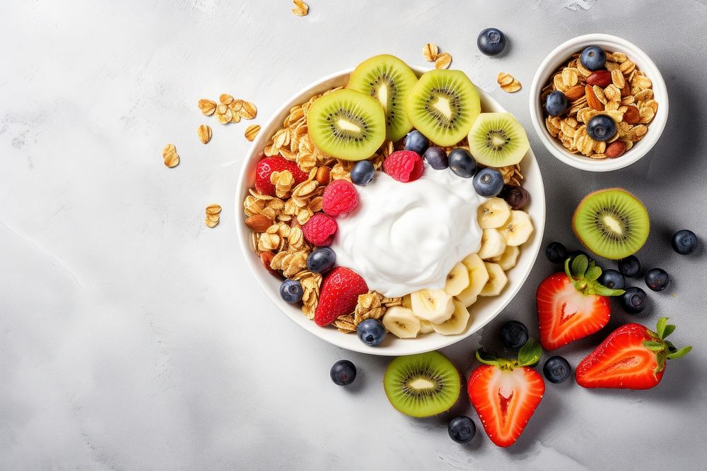 Granola breakfast dessert food. 