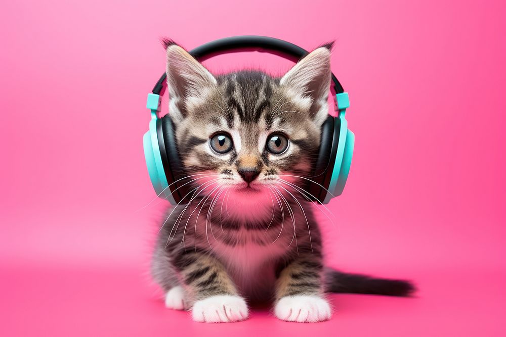 Headphones kitten mammal animal. 