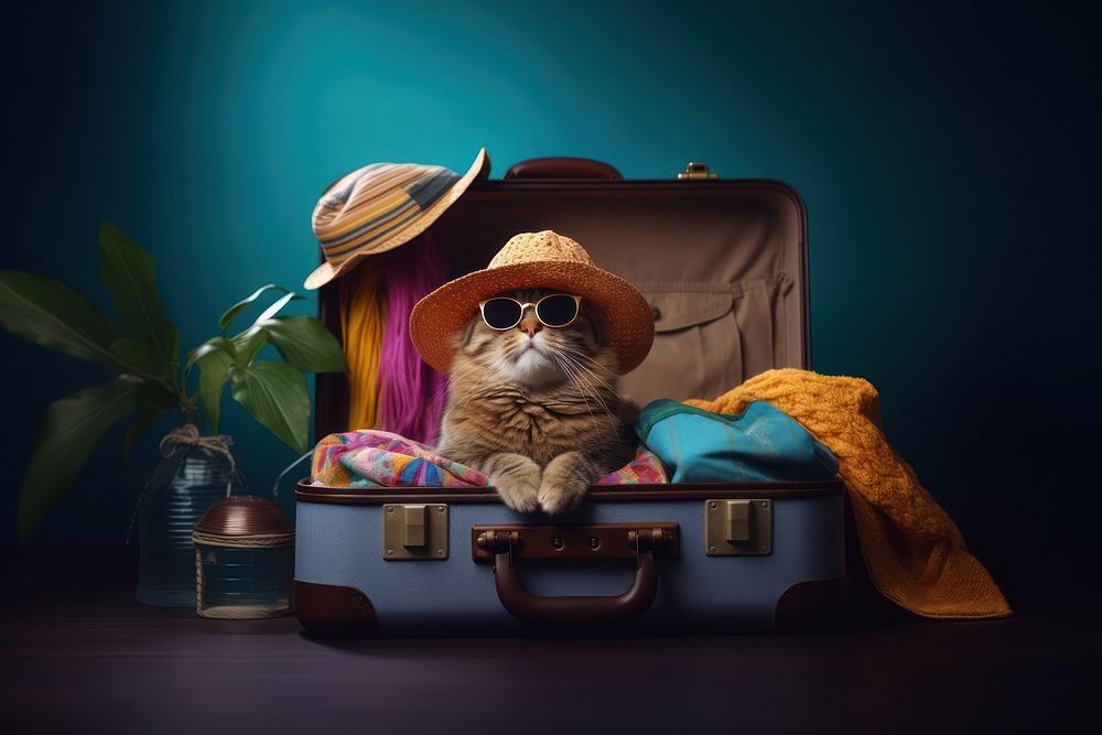 Suitcase sunglasses luggage mammal. AI generated Image by rawpixel.