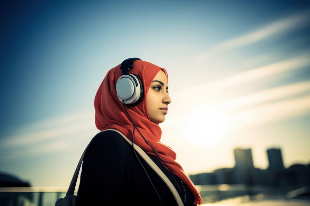 Headphones portrait outdoors adult. 