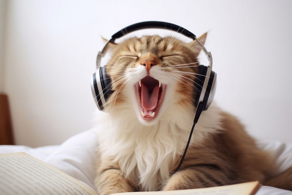 Headphones yawning mammal animal. AI generated Image by rawpixel.