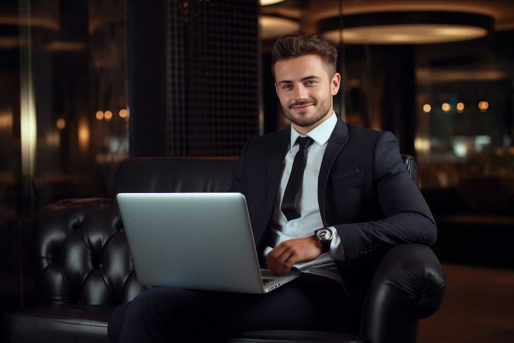 Sitting laptop computer smiling. 