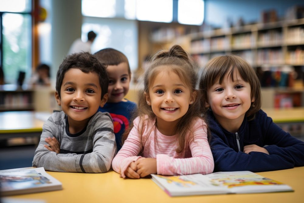 Child learning student library. 