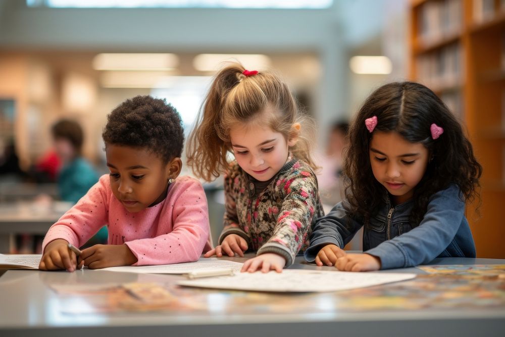 Child learning student library. 