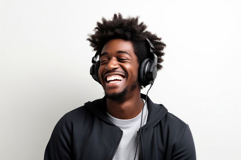 Headphones listening laughing headset. AI generated Image by rawpixel.