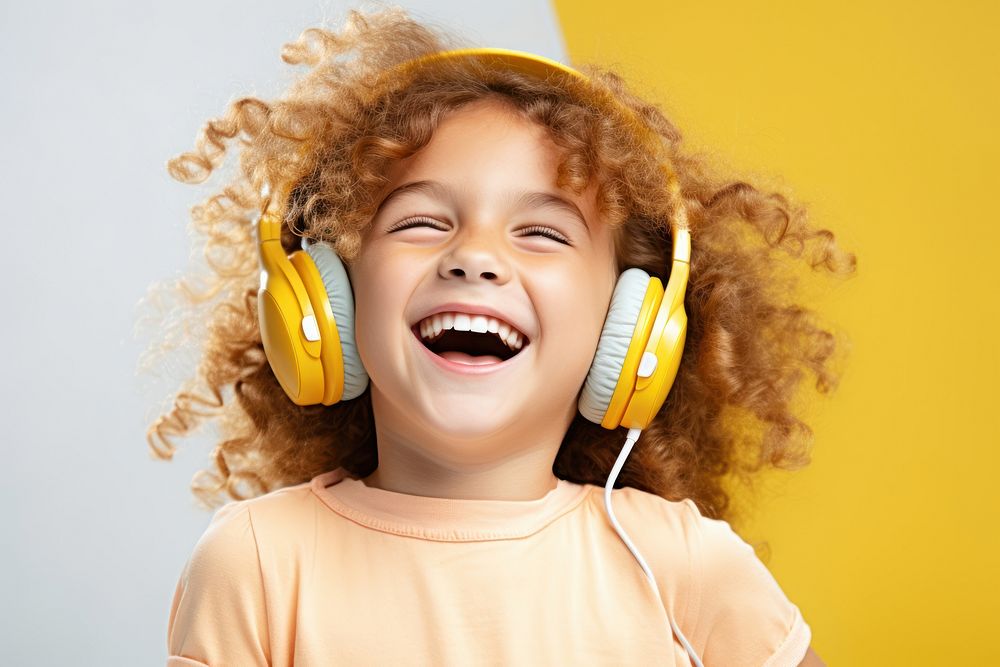 Headphones listening laughing smile. AI generated Image by rawpixel.