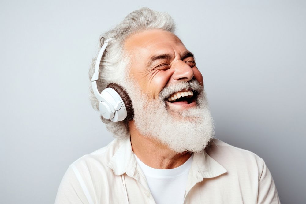 Headphones listening laughing headset. AI generated Image by rawpixel.