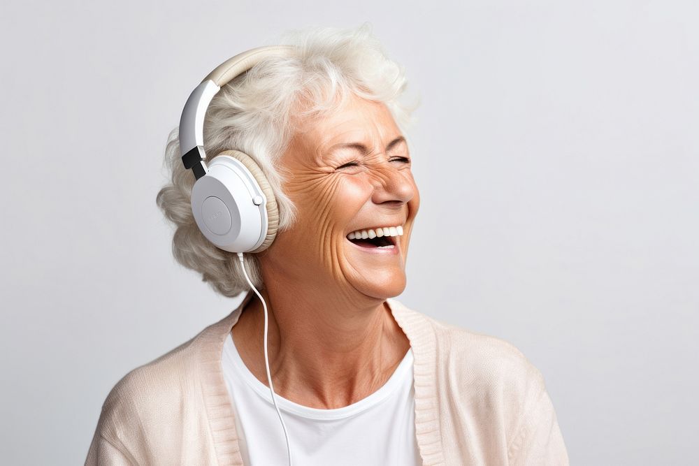 Headphones listening laughing headset. AI generated Image by rawpixel.