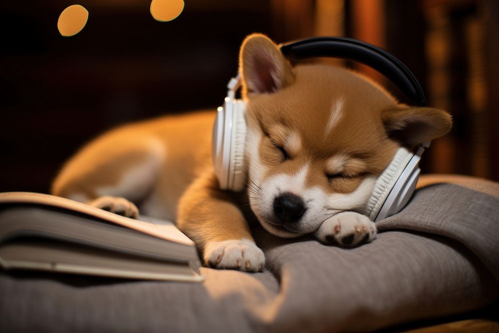 Puppy headphones sleeping mammal. AI generated Image by rawpixel.