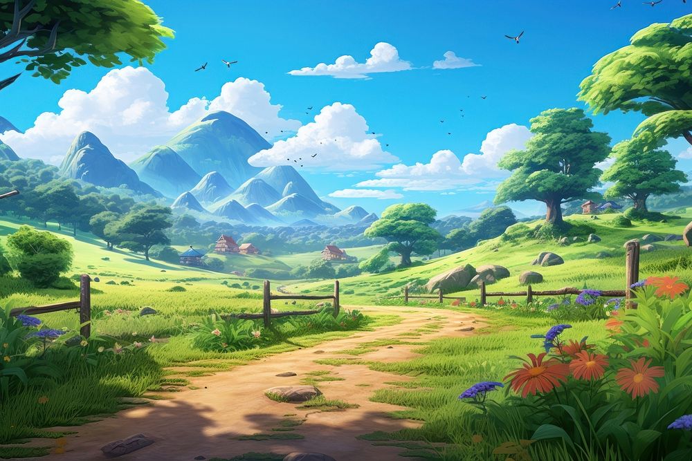 Landscape grassland outdoors cartoon. AI generated Image by rawpixel.