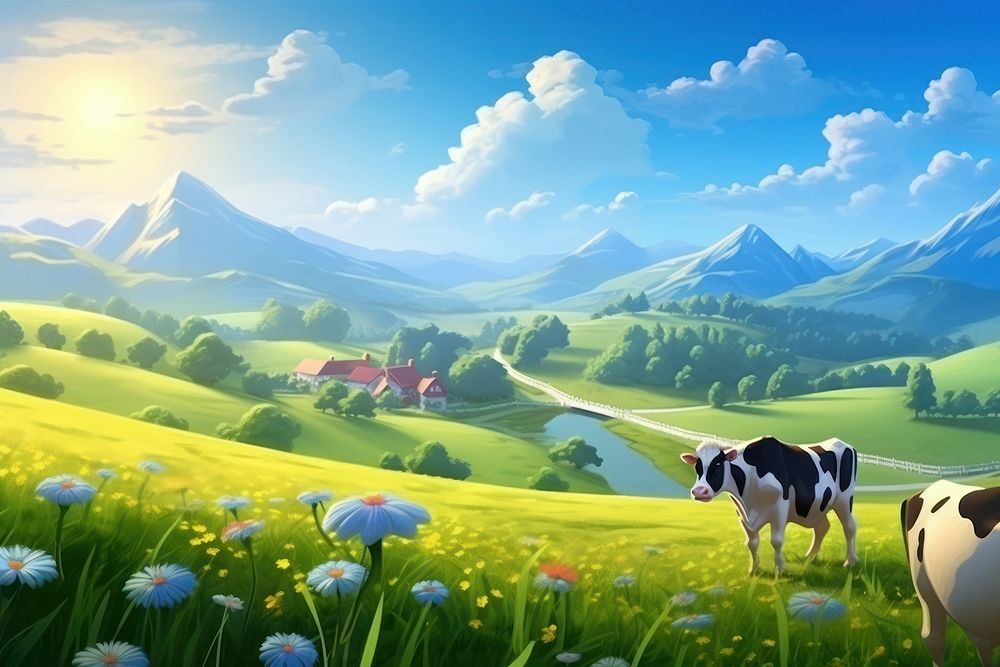 Landscape cow grassland livestock. AI generated Image by rawpixel.