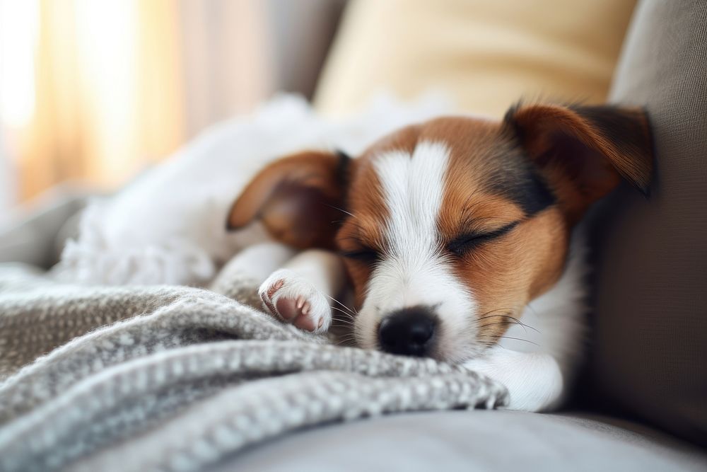 Puppy sleeping blanket mammal. AI generated Image by rawpixel.