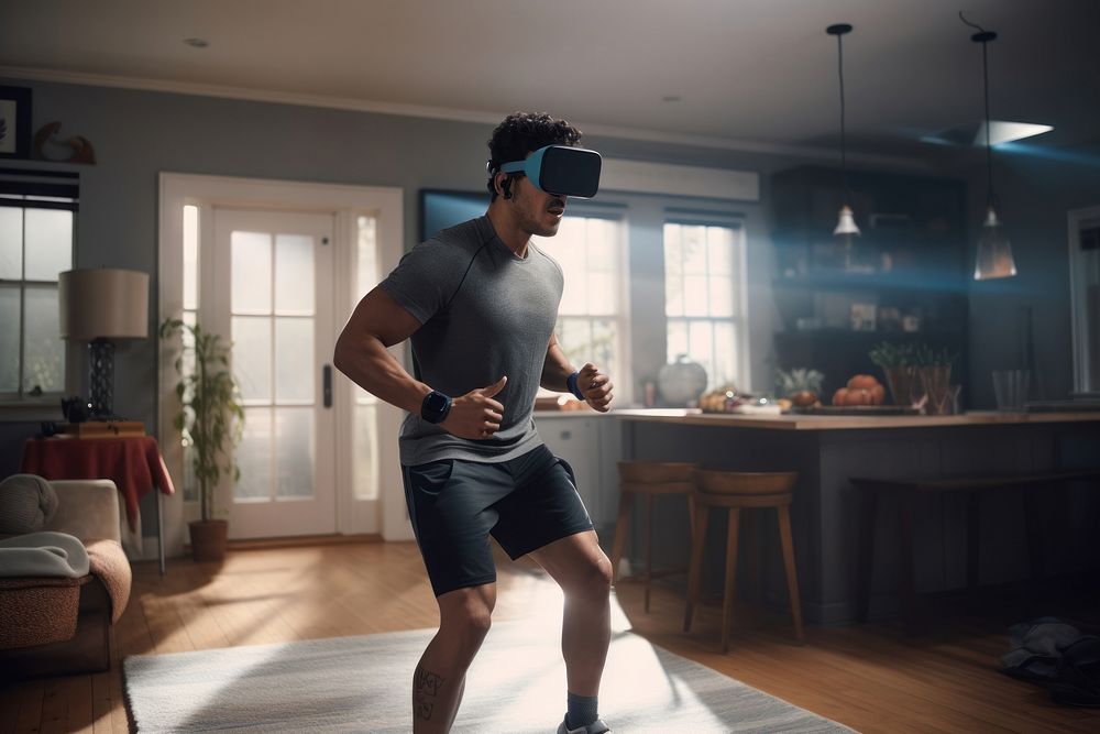 Man wearing VR, exercising. AI generated Image by rawpixel.