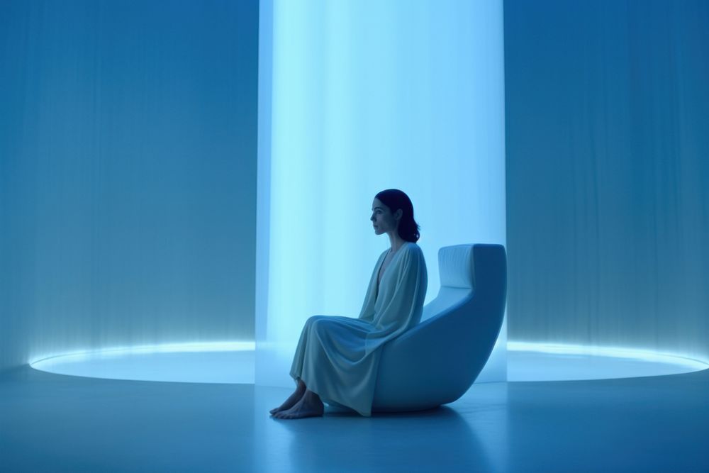 Woman sitting in a white room. AI generated Image by rawpixel.