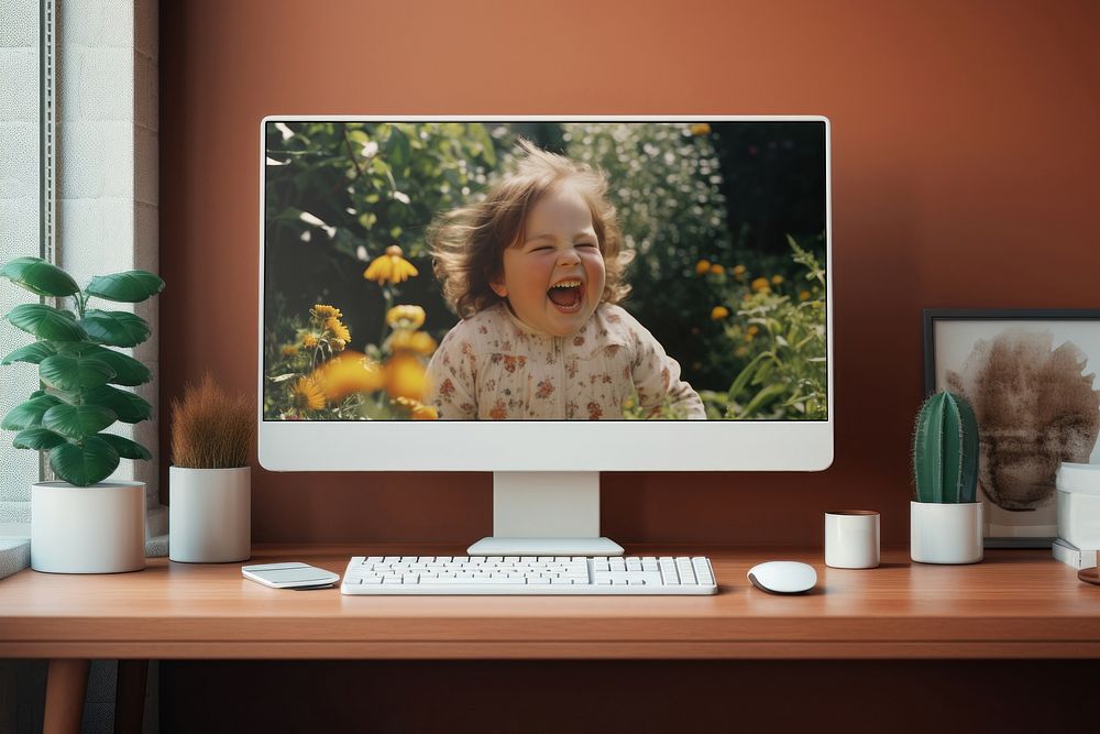 Computer desktop screen, smiling girl wallpaper
