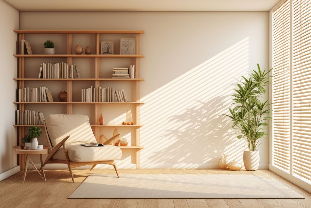 Furniture bookcase sunlight blinds. AI generated Image by rawpixel.