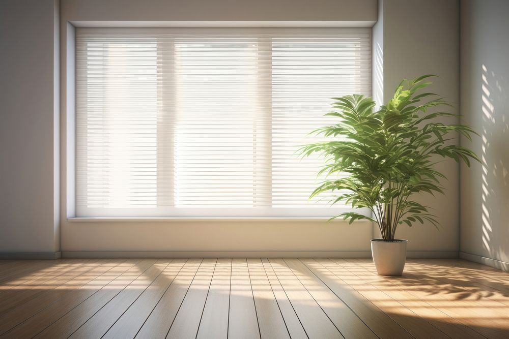 Windowsill sunlight blinds plant. 