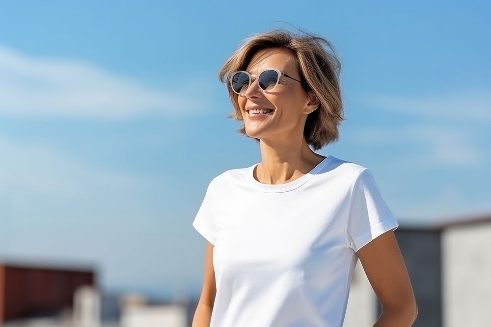 T-shirt outdoors sleeve smile. 