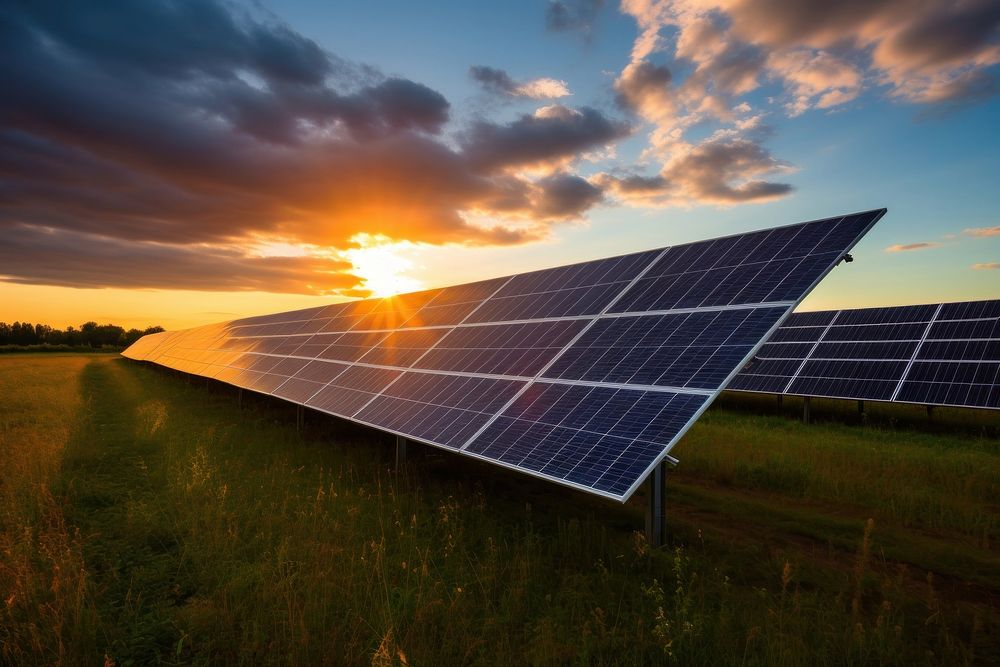 Outdoors field sun solar panels. 