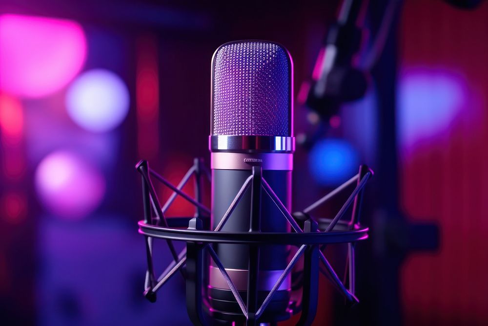 Microphone studio purple light. AI generated Image by rawpixel.