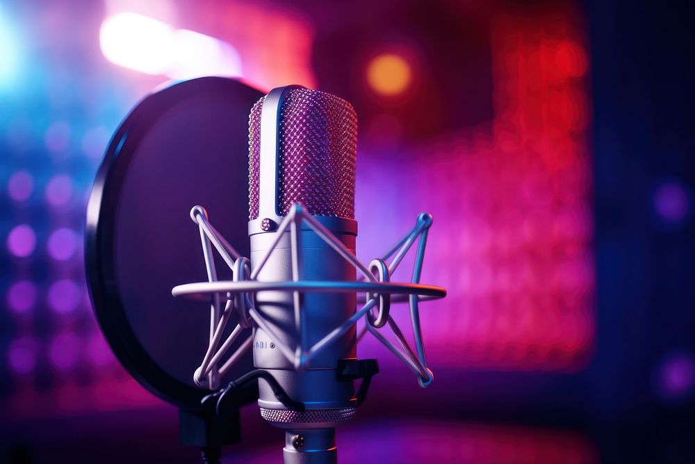 Microphone studio purple light. AI generated Image by rawpixel.