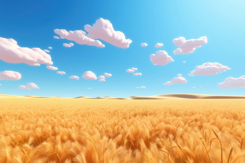 Shape pastel colours anime image of a ancient Chinese hug golden wheat  field village in lowland really far from mountains