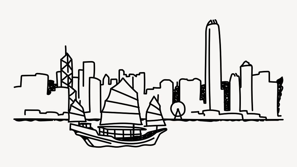 Victoria Harbour Hong Kong hand drawn illustration vector