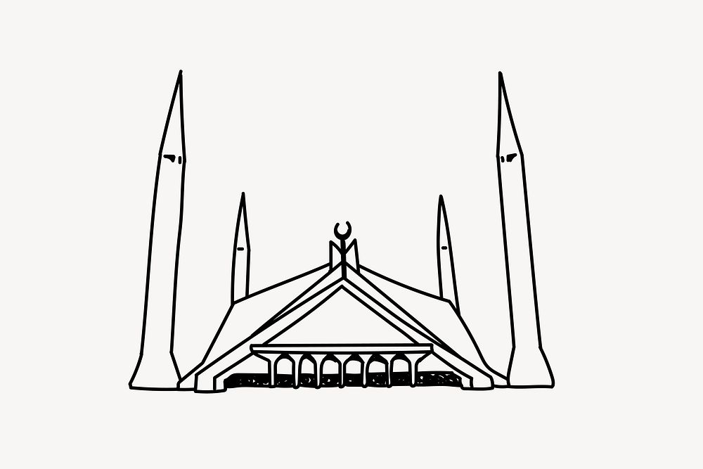 Faisal Mosque Pakistan hand drawn illustration vector