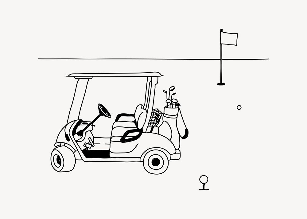 Golf cart & course hand drawn illustration vector