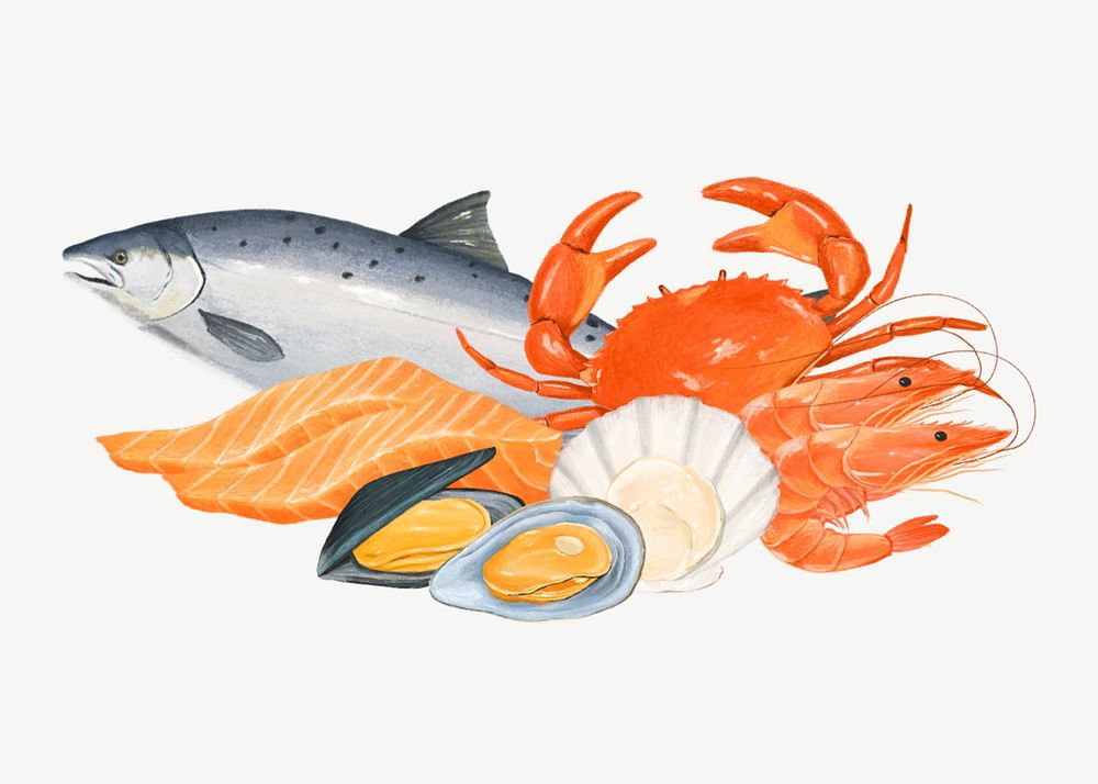 Fresh seafood, salmon, crab & shellfish collage element  psd