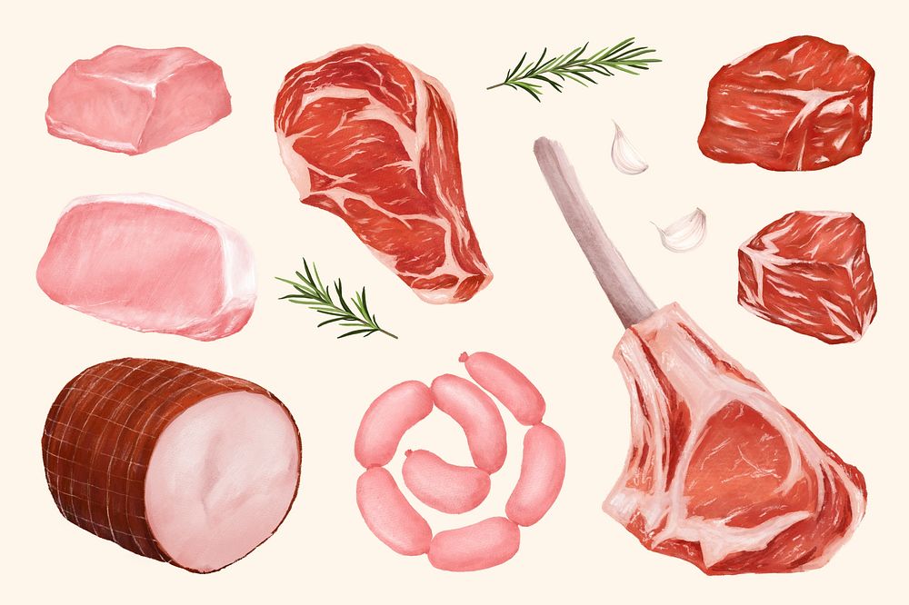 Fresh meat butchery, food collage element psd  set