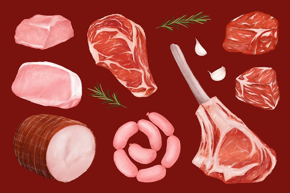 Fresh meat butchery, food collage element psd  set