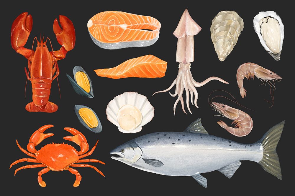 Fresh seafood, food collage element set psd
