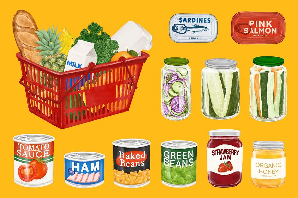Canned food, grocery food collage element set psd
