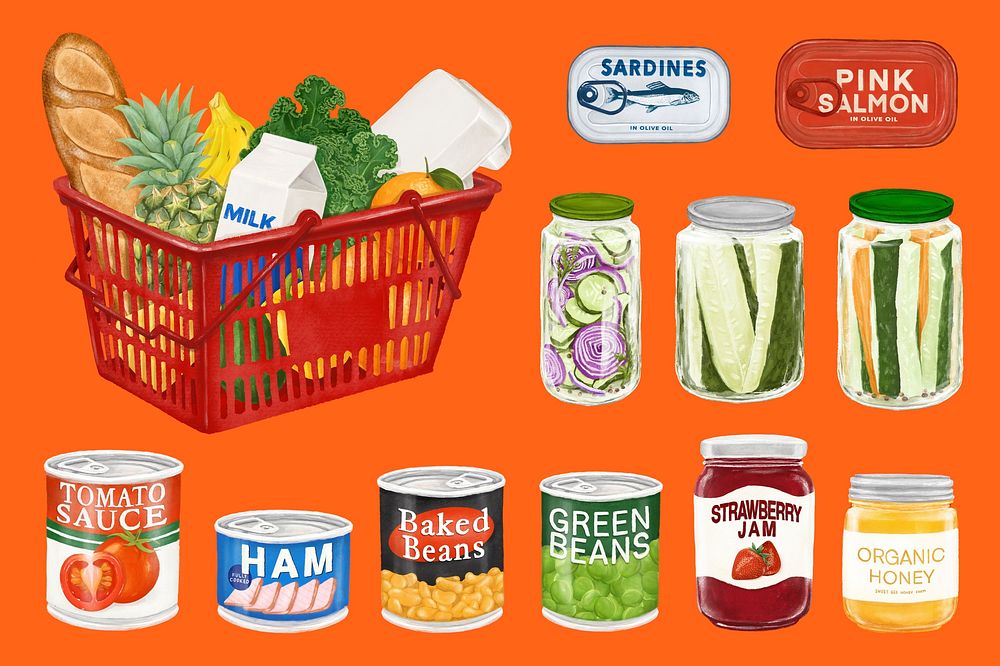Canned food, grocery food collage element set psd