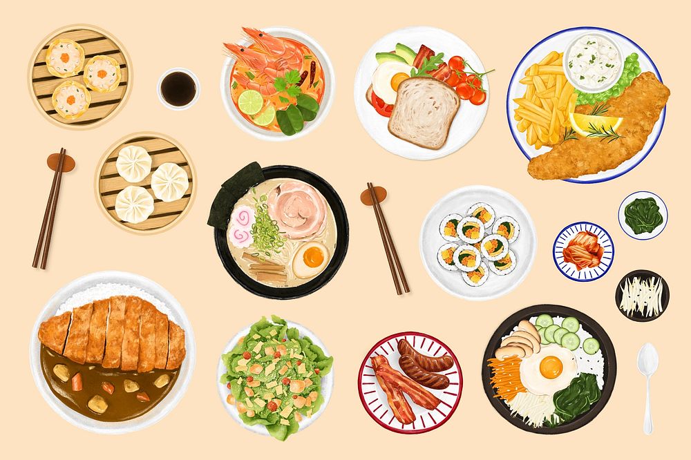 Delicious Asian food collage element set psd