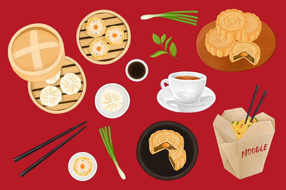 Delicious Asian food collage element set psd