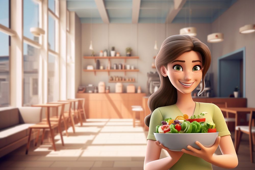 3D salad shop, healthy food cartoon illustration