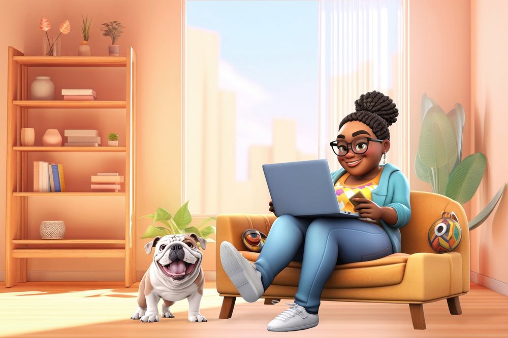 3D black woman shopping online at home cartoon illustration