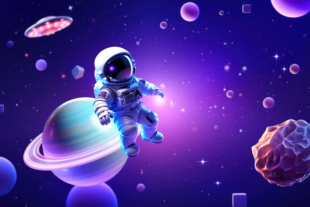 Astronaut 3D illustration, purple futuristic galaxy design