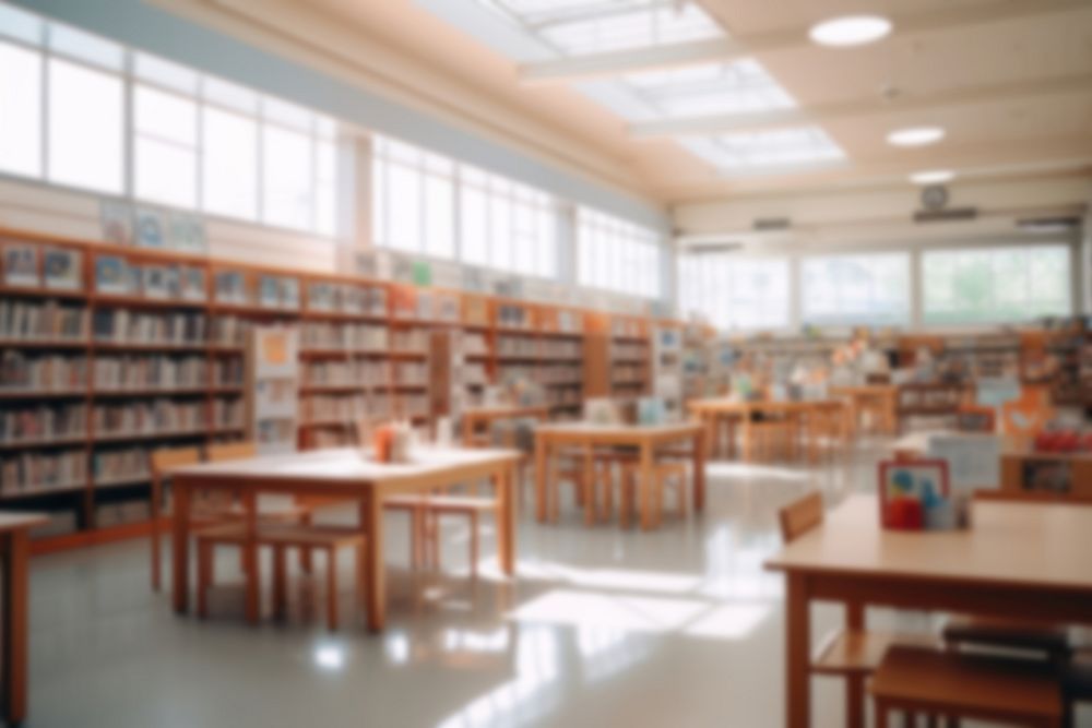 Blurred school library backdrop, natural light