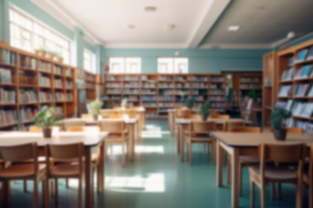 Blurred school library backdrop, natural light