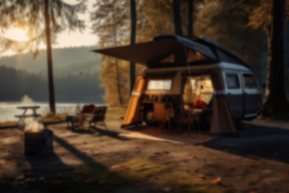 Blurred camping site backdrop, natural light