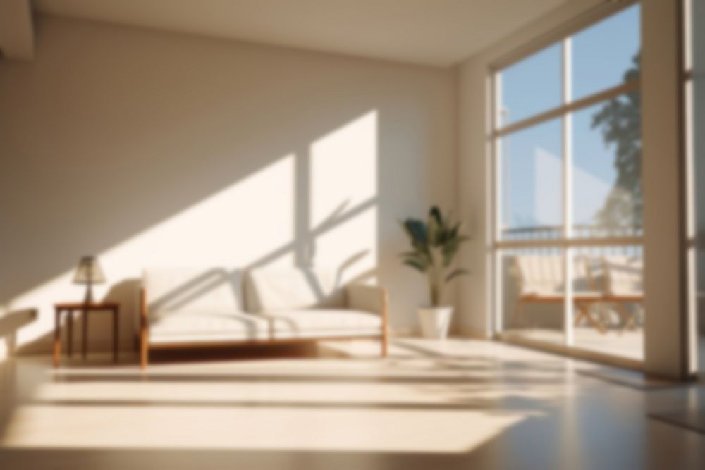 Blurred minimal living room backdrop, natural light