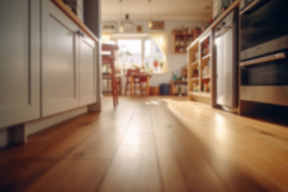 Blurred wooden kitchen floor backdrop, natural light